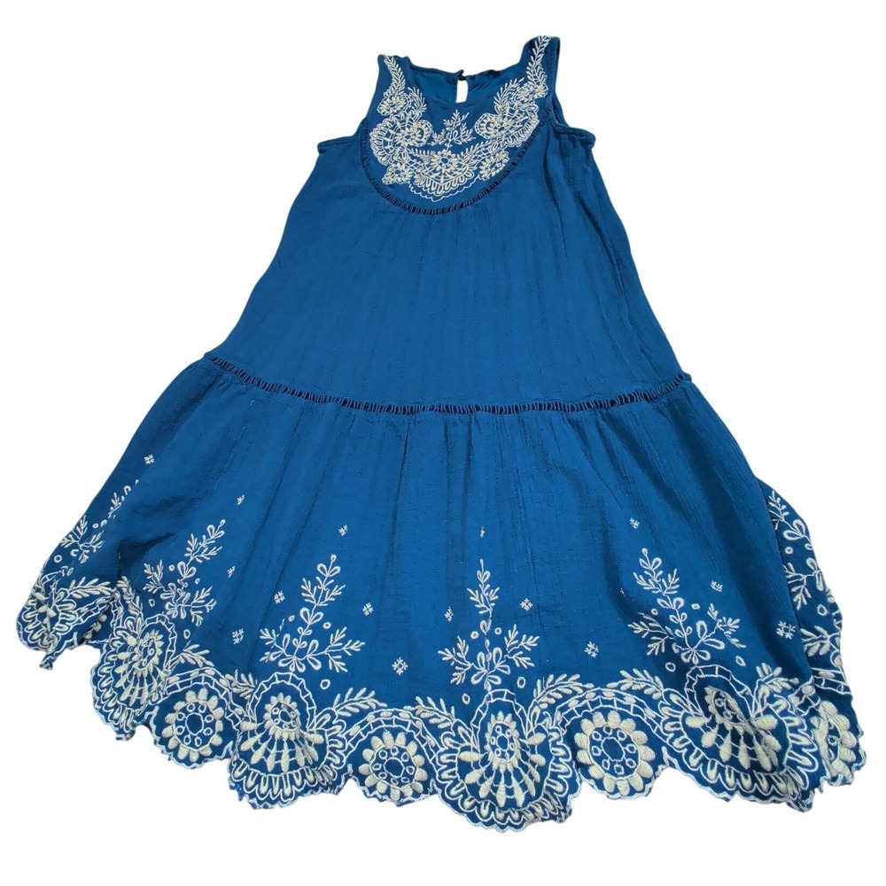 Anthropologie Meadow Rue Blue Embroidered Cotton Midi Dress Size 8 Boho eyelet